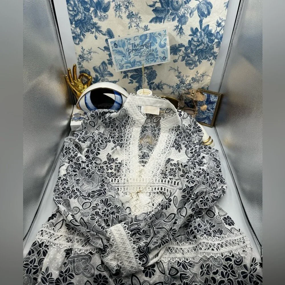 🆕 BRONX & BANCO 🧿 NWOT Santorini Long-Sleeve Tiered Floral Burnout Dress, Sz M